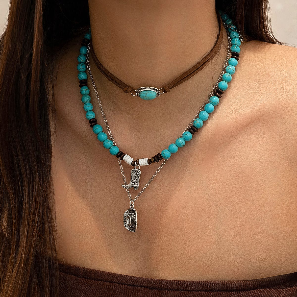 Hippie 3Pcs Cowboy Hat Boots Pendant Turquoise Wood Bead Necklace Set