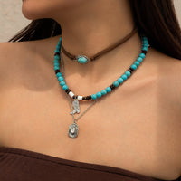 Thumbnail for Hippie 3Pcs Cowboy Hat Boots Pendant Turquoise Wood Bead Necklace Set