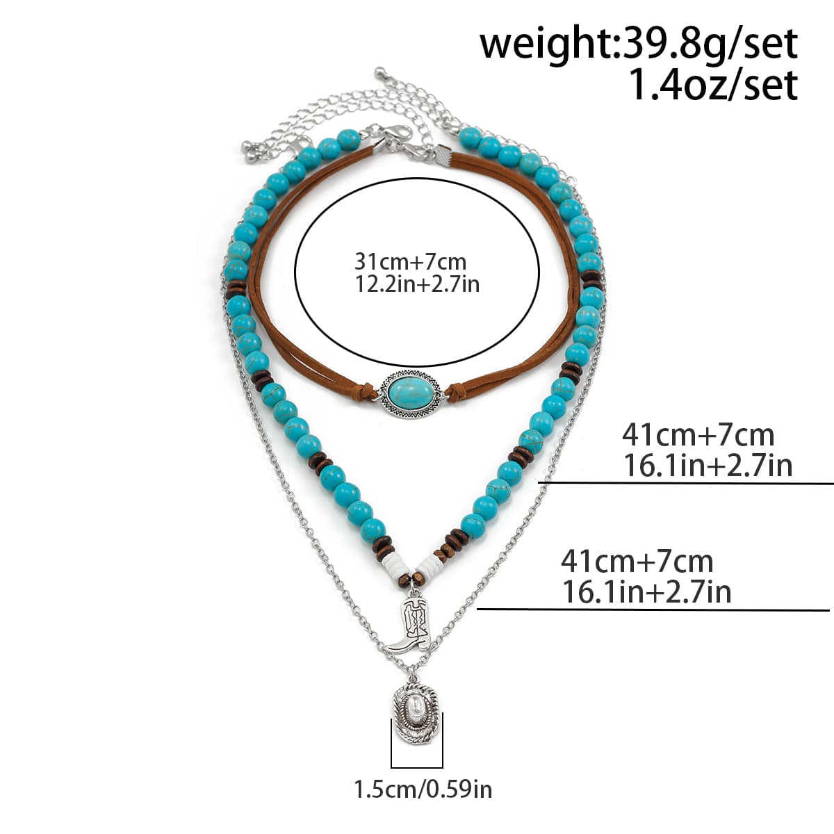 Hippie 3Pcs Cowboy Hat Boots Pendant Turquoise Wood Bead Necklace Set