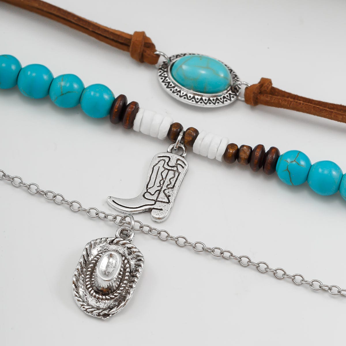 Hippie 3Pcs Cowboy Hat Boots Pendant Turquoise Wood Bead Necklace Set