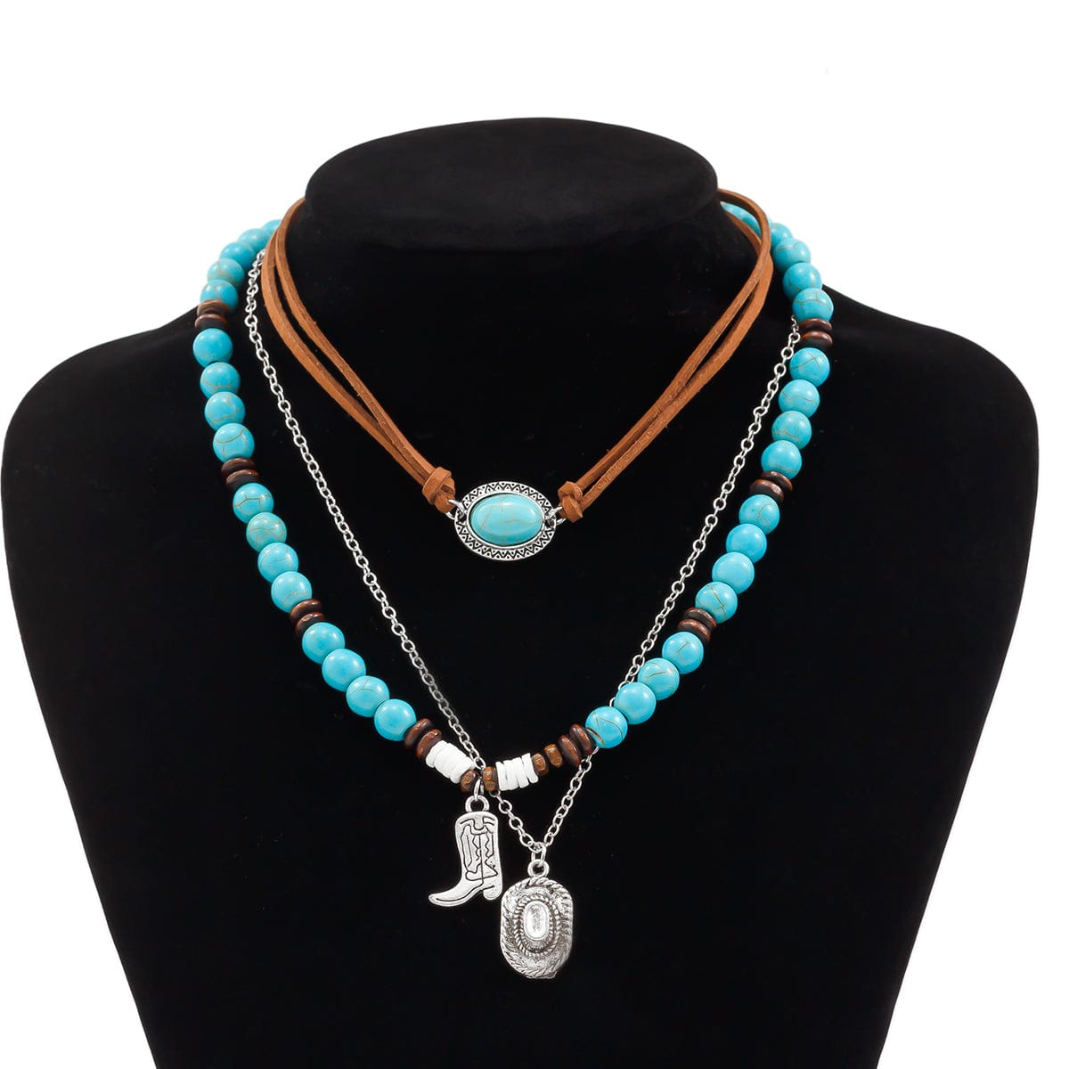 Hippie 3Pcs Cowboy Hat Boots Pendant Turquoise Wood Bead Necklace Set