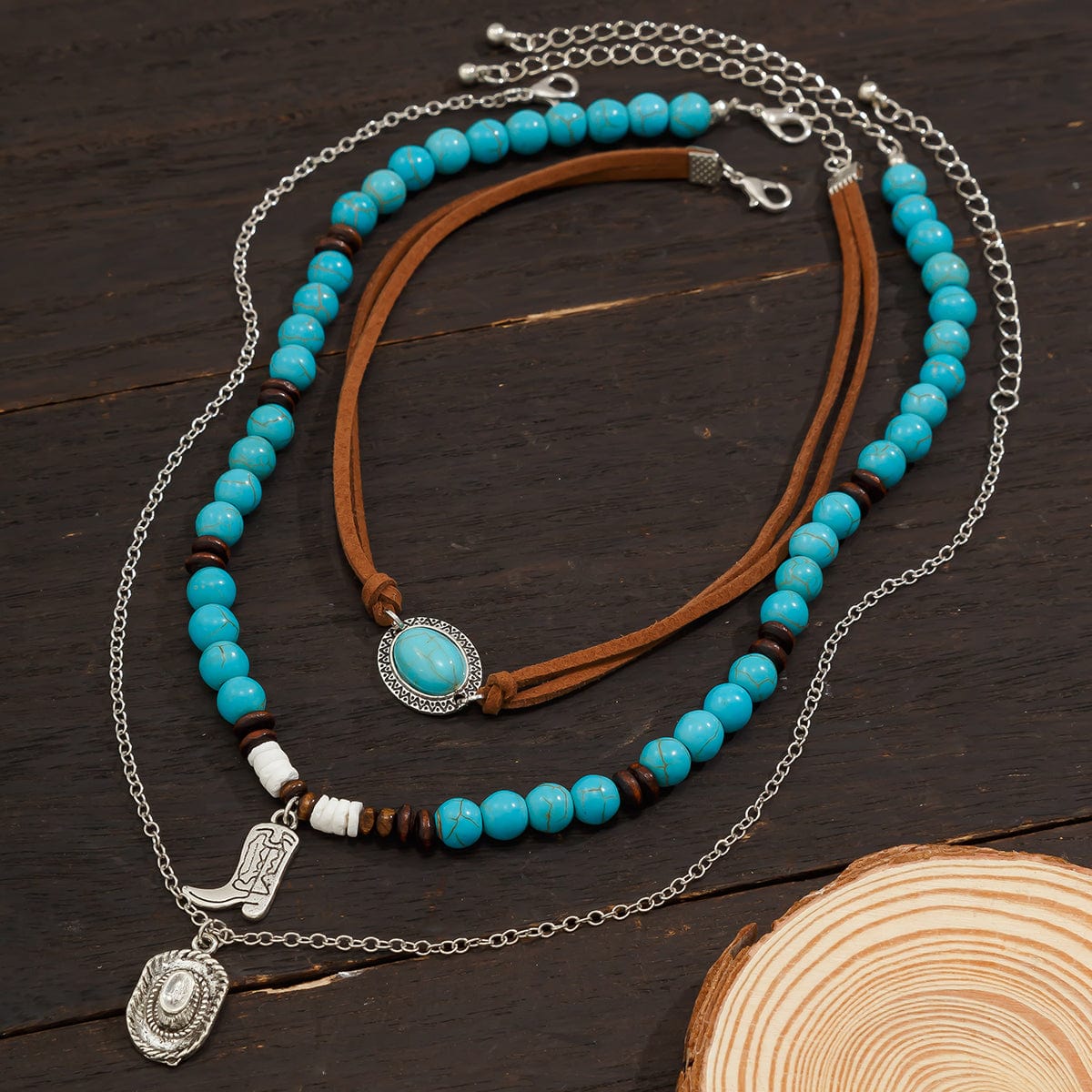 Hippie 3Pcs Cowboy Hat Boots Pendant Turquoise Wood Bead Necklace Set