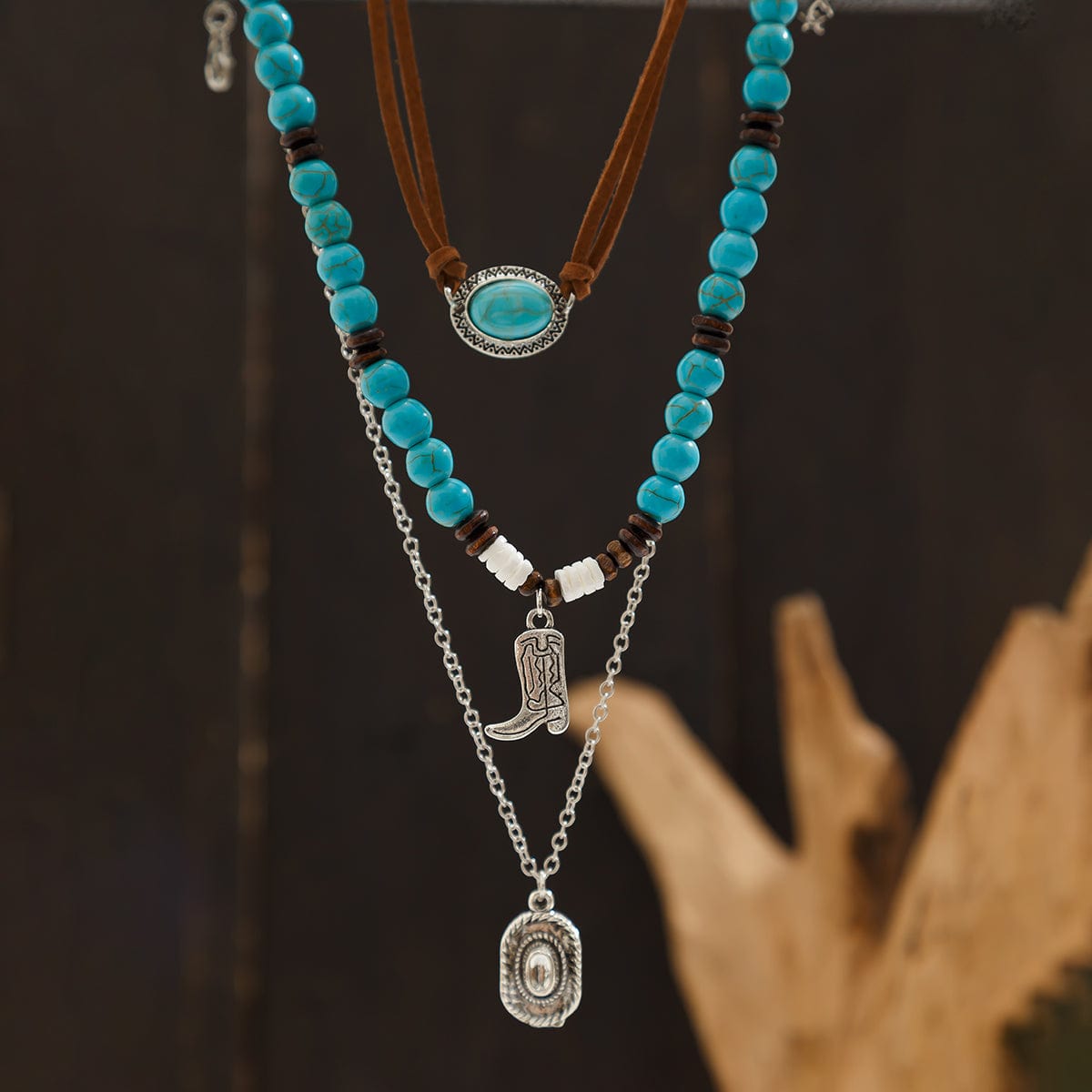 Hippie 3Pcs Cowboy Hat Boots Pendant Turquoise Wood Bead Necklace Set