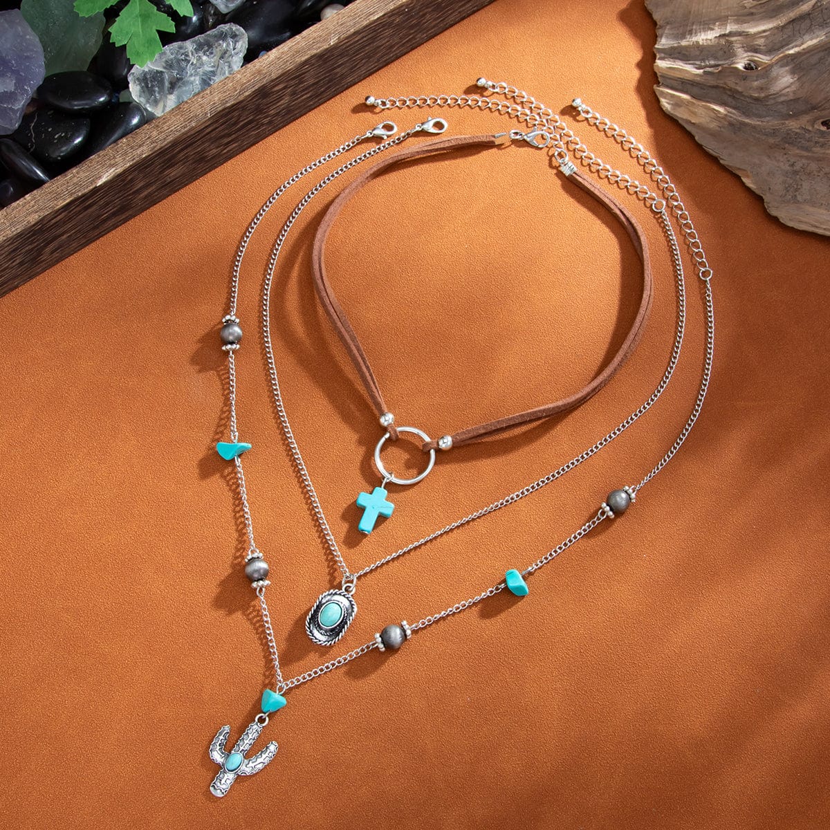 Hippie 3pcs Turquoise Cross Cowboy Hat Cactus Pendant Velvet Necklace Set - ArtGalleryZen