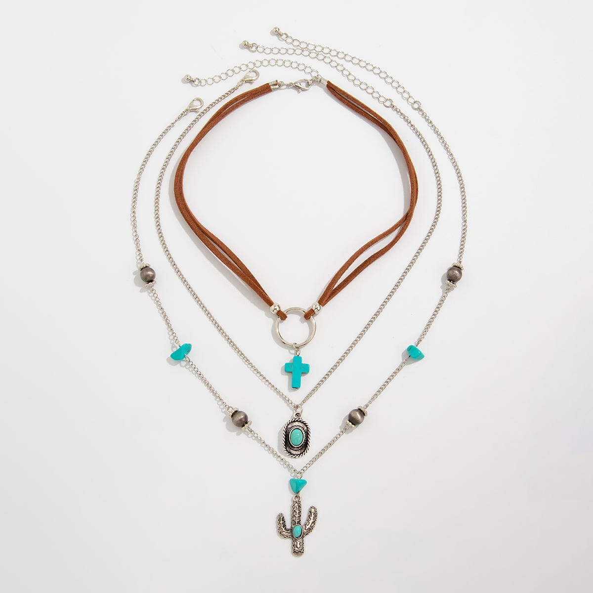 Hippie 3pcs Turquoise Cross Cowboy Hat Cactus Pendant Velvet Necklace Set - ArtGalleryZen