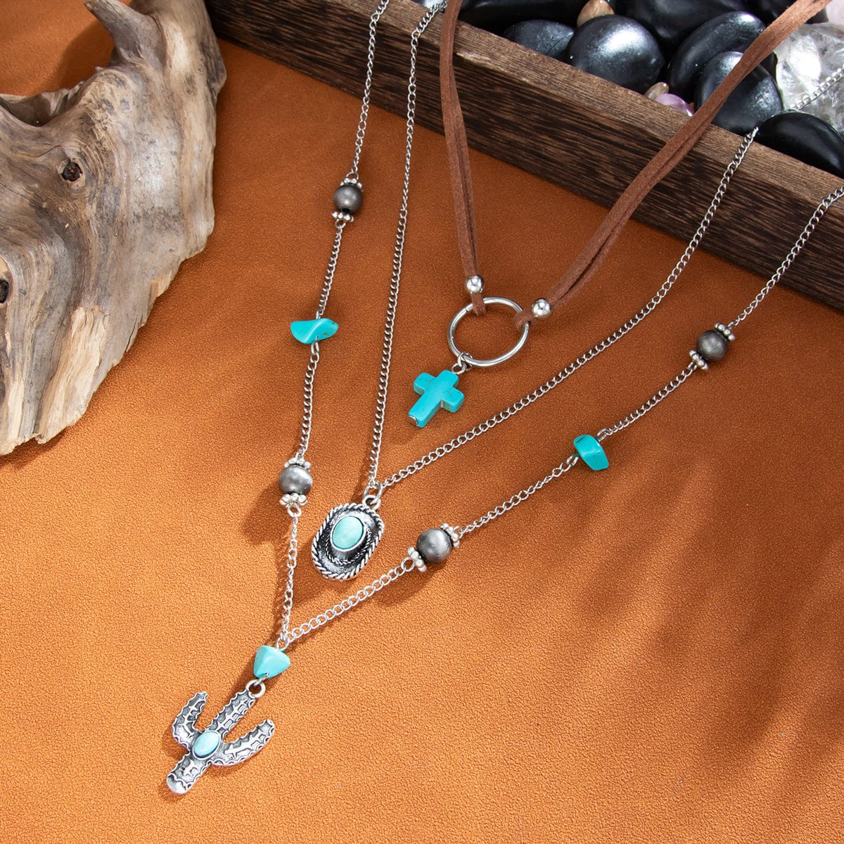 Hippie 3pcs Turquoise Cross Cowboy Hat Cactus Pendant Velvet Necklace Set - ArtGalleryZen