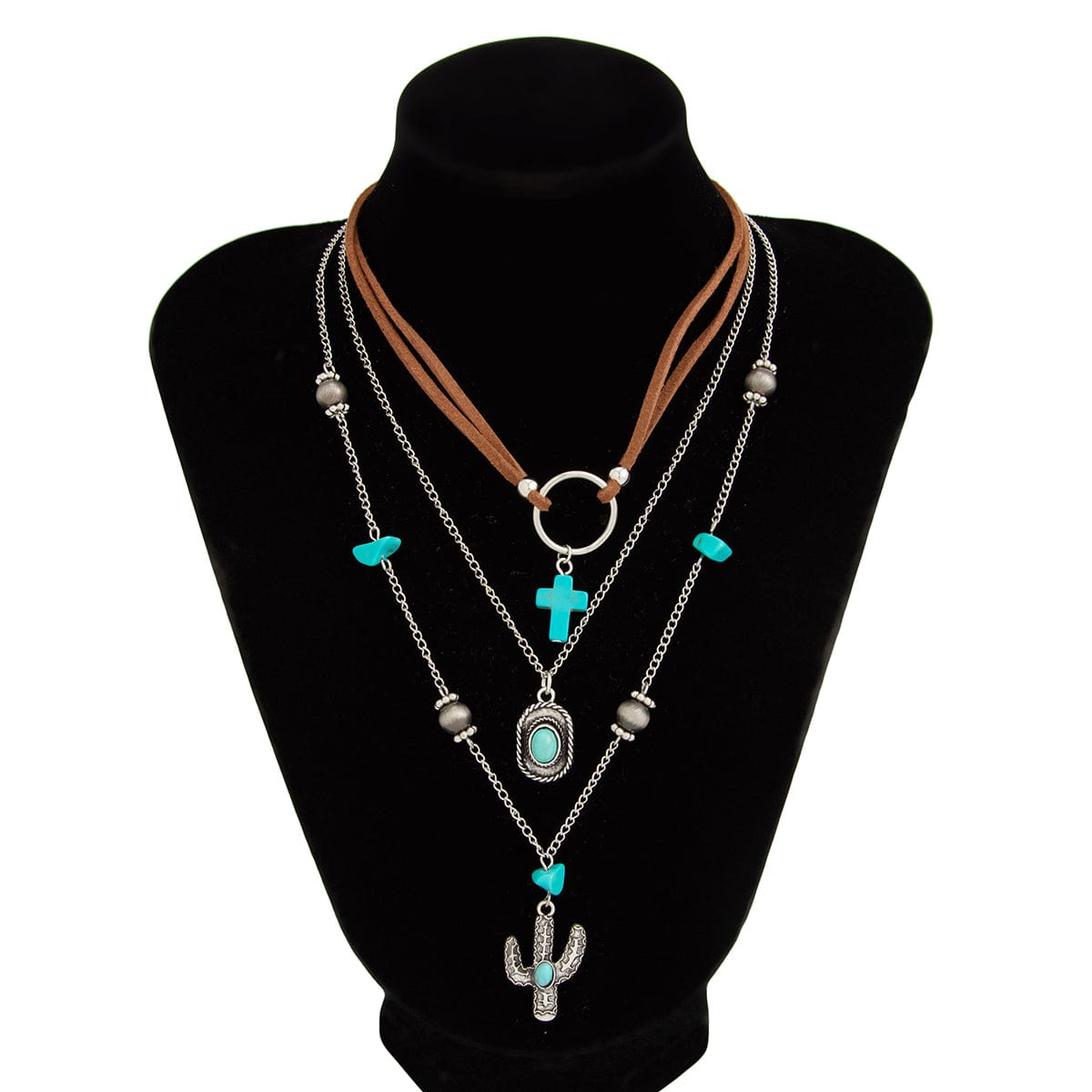 Hippie 3pcs Turquoise Cross Cowboy Hat Cactus Pendant Velvet Necklace Set - ArtGalleryZen
