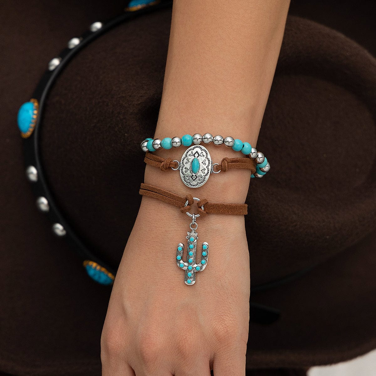 Hippie 3Pcs Turquoise Inlaid Cactus Carved Pattern Charm Velvet Bracelet Set