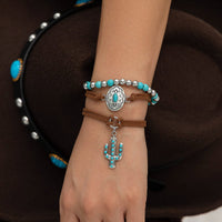 Thumbnail for Hippie 3Pcs Turquoise Inlaid Cactus Carved Pattern Charm Velvet Bracelet Set