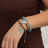 Thumbnail for Hippie 3Pcs Turquoise Inlaid Cactus Carved Pattern Charm Velvet Bracelet Set