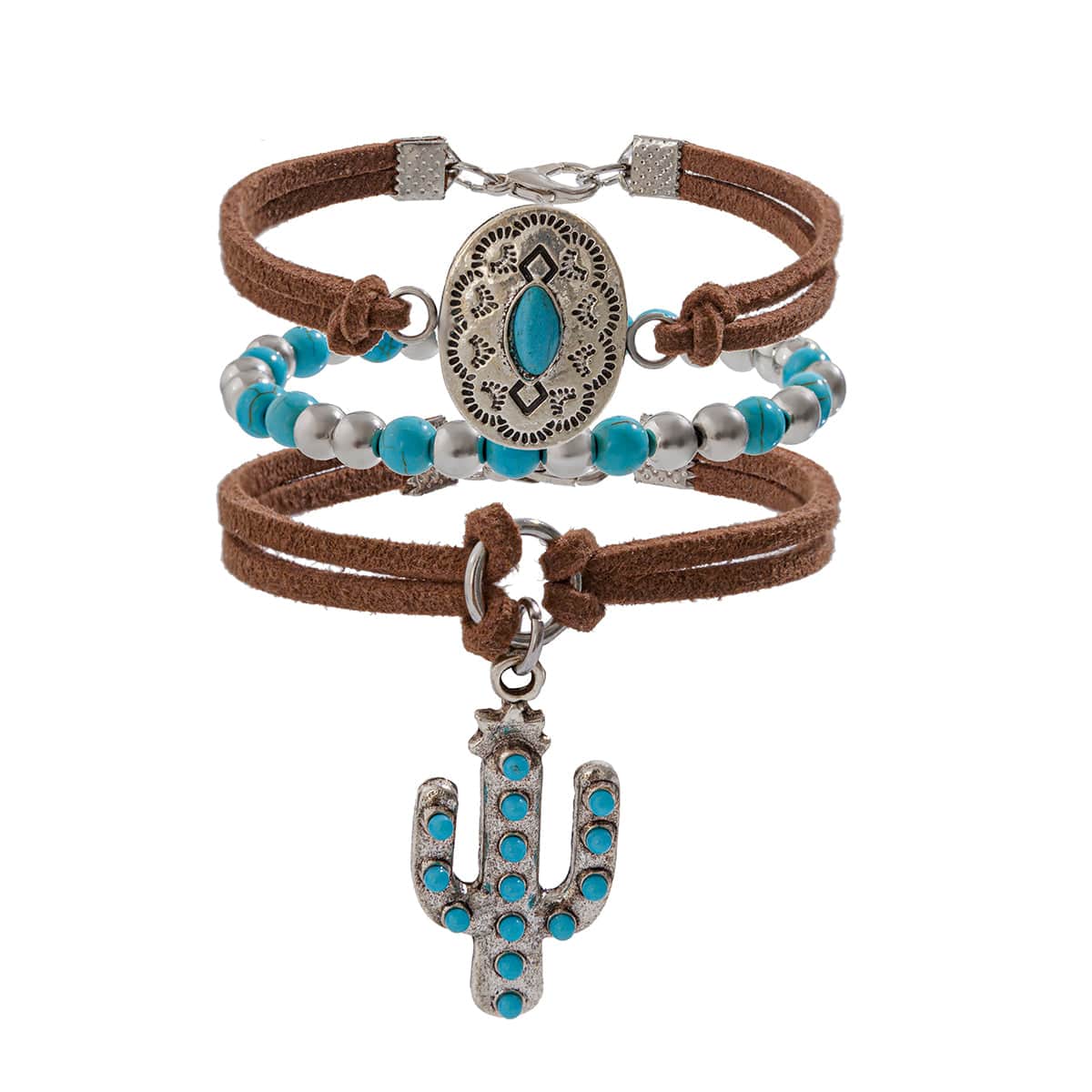 Hippie 3Pcs Turquoise Inlaid Cactus Carved Pattern Charm Velvet Bracelet Set