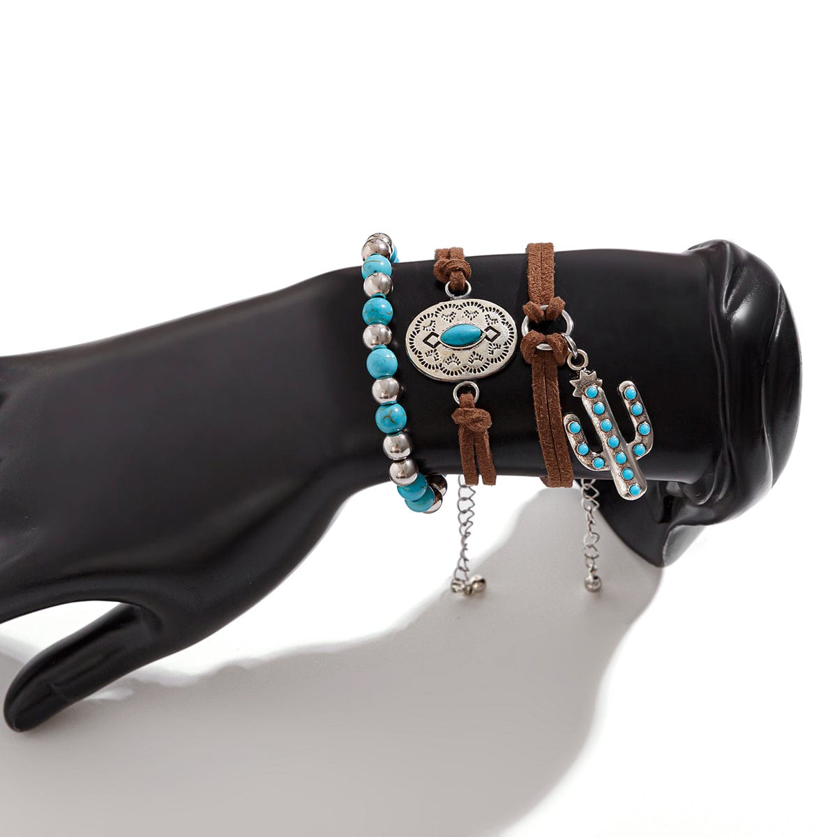 Hippie 3Pcs Turquoise Inlaid Cactus Carved Pattern Charm Velvet Bracelet Set