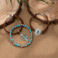 Thumbnail for Hippie 3Pcs Turquoise Inlaid Cactus Carved Pattern Charm Velvet Bracelet Set