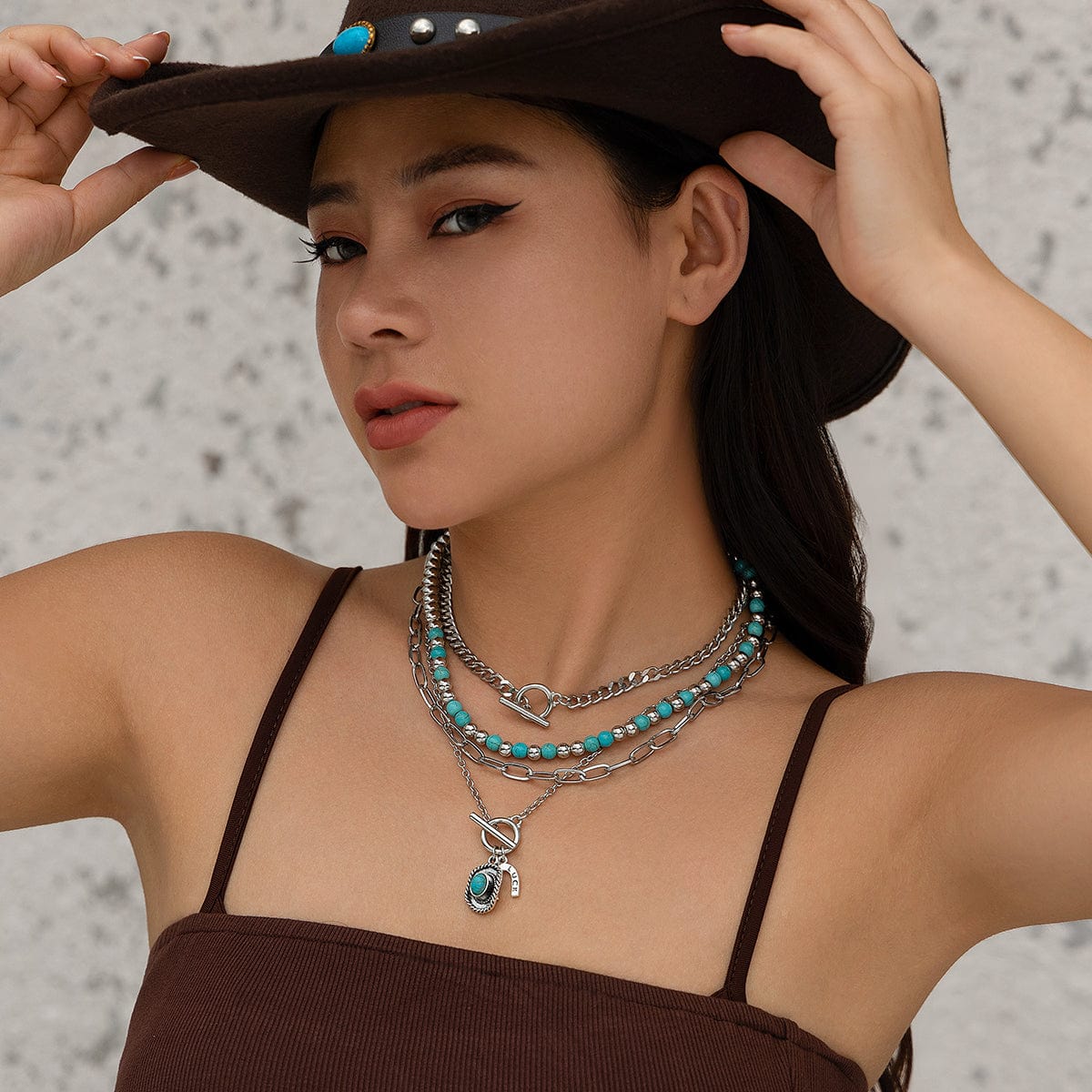 Hippie 4Pcs Cowboy Hat Pendant Turquoise Chain Necklace Set