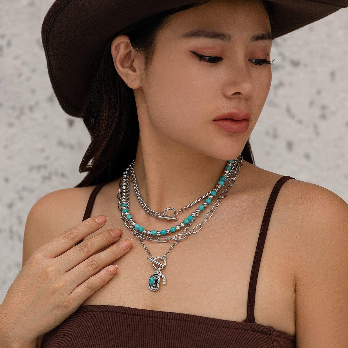 Hippie 4Pcs Cowboy Hat Pendant Turquoise Chain Necklace Set