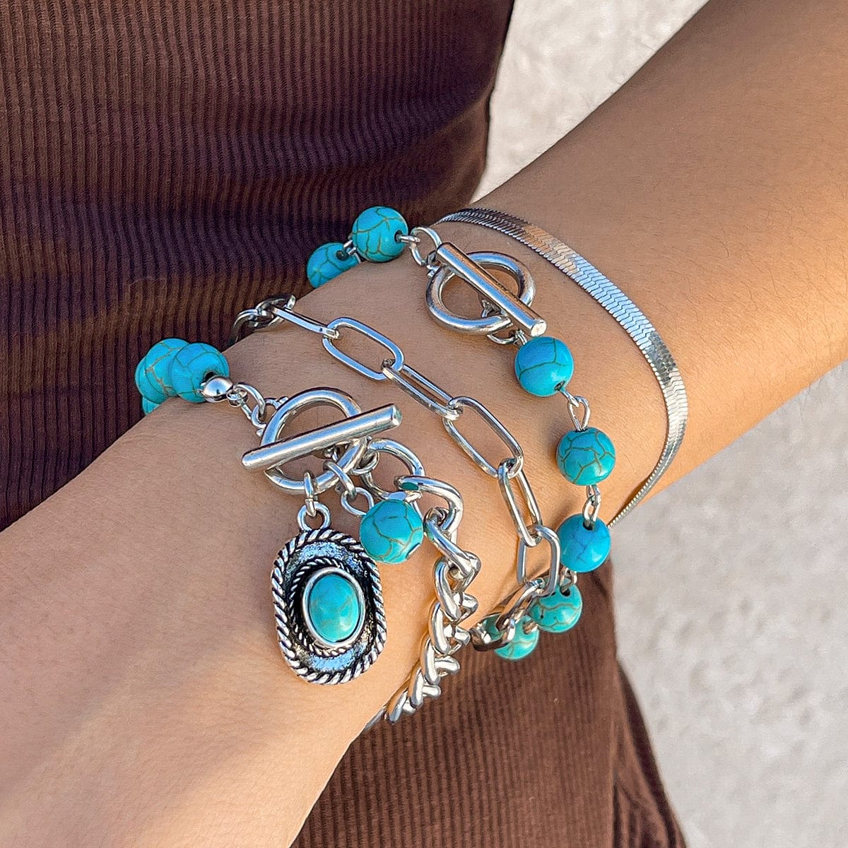 Hippie 4Pcs Toggle Clasp Turquoise Inlaid Cowboy Hat Charm Curb Chain Bracelet Set