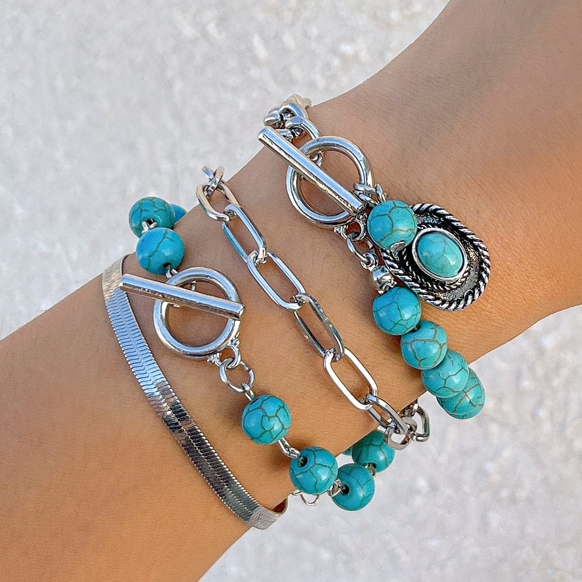 Hippie 4Pcs Toggle Clasp Turquoise Inlaid Cowboy Hat Charm Curb Chain Bracelet Set