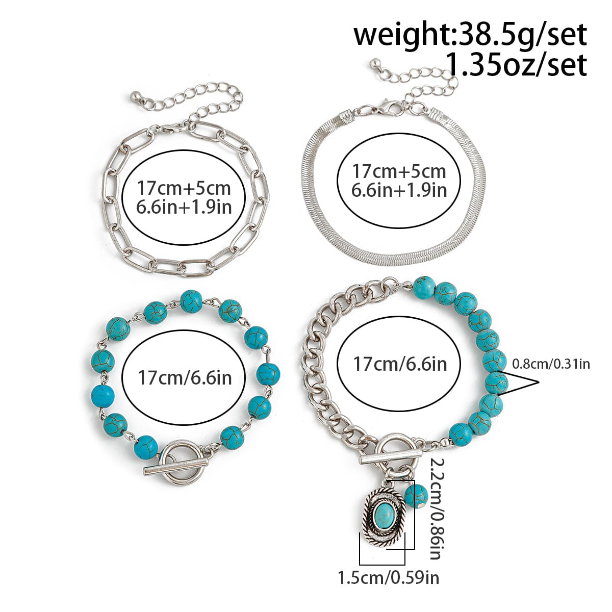 Hippie 4Pcs Toggle Clasp Turquoise Inlaid Cowboy Hat Charm Curb Chain Bracelet Set