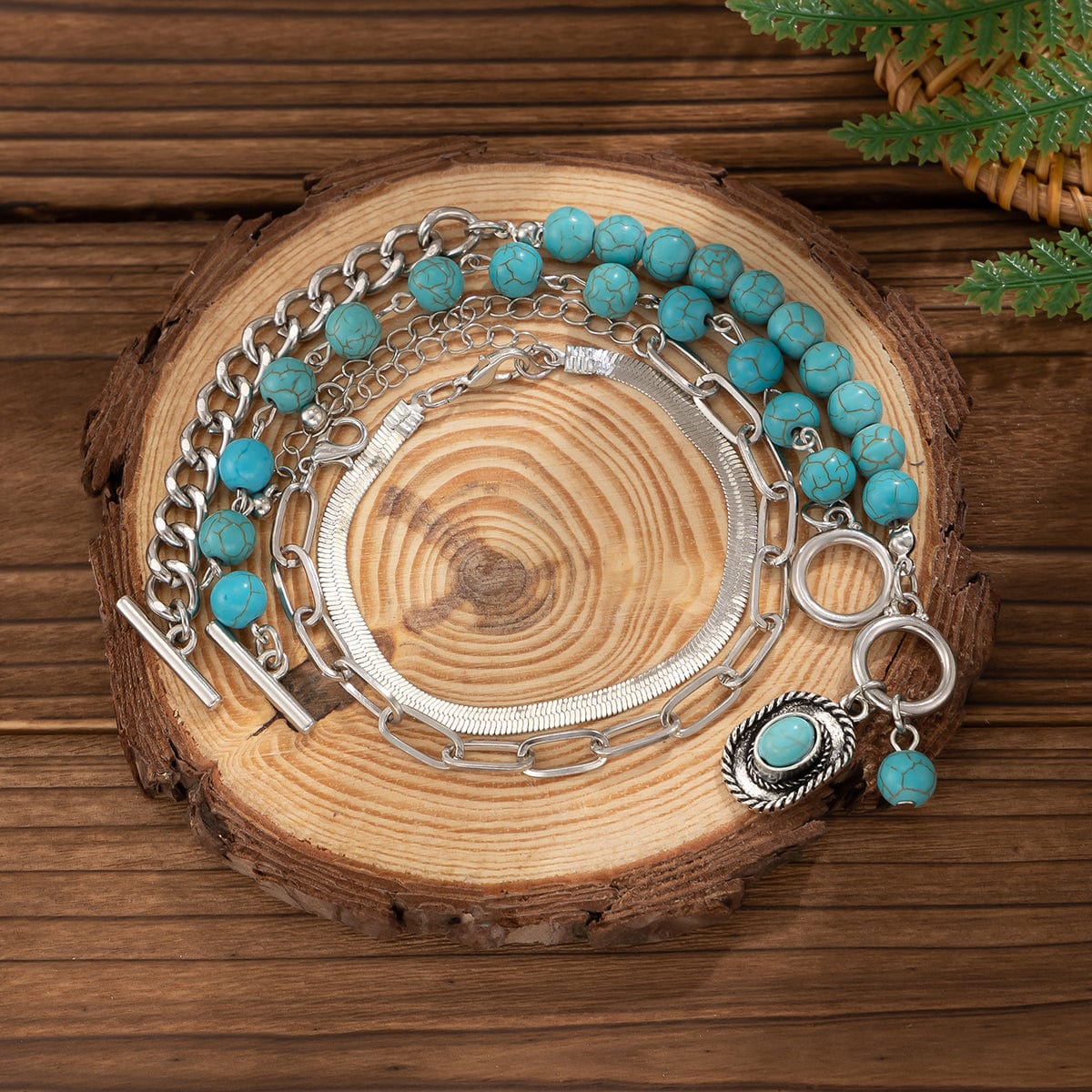 Hippie 4Pcs Toggle Clasp Turquoise Inlaid Cowboy Hat Charm Curb Chain Bracelet Set