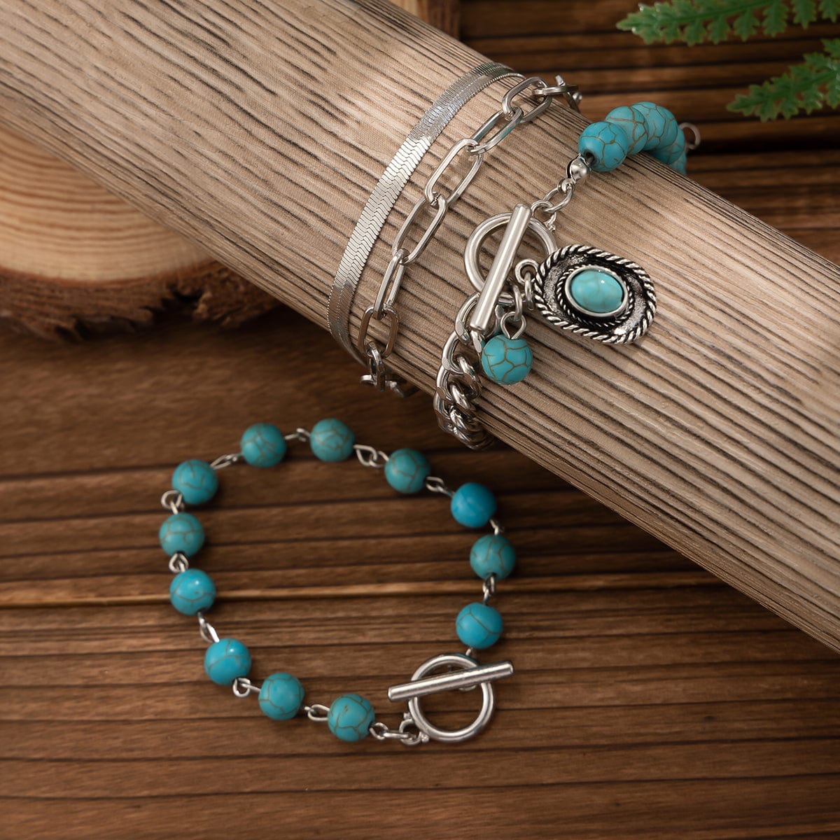 Hippie 4Pcs Toggle Clasp Turquoise Inlaid Cowboy Hat Charm Curb Chain Bracelet Set