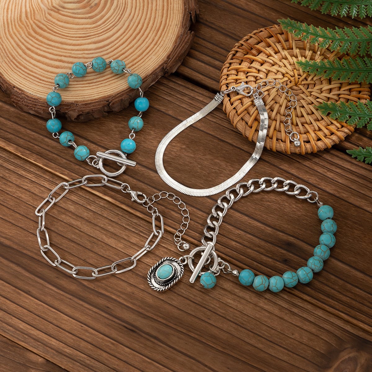 Hippie 4Pcs Toggle Clasp Turquoise Inlaid Cowboy Hat Charm Curb Chain Bracelet Set