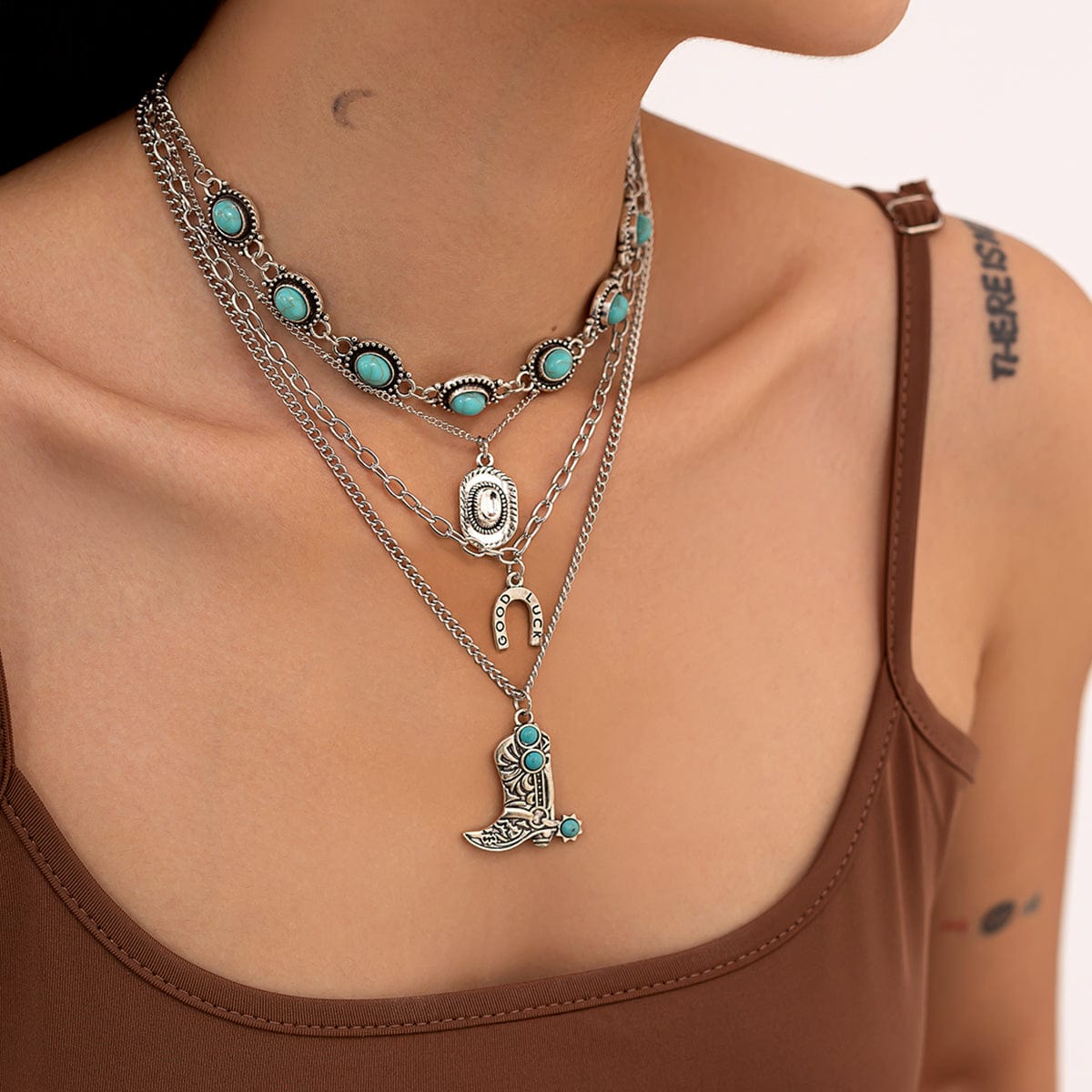 Hippie 4pcs Turquoise Boot Cowboy Hat Lucky Horseshoe Pendant Necklace Set - ArtGalleryZen