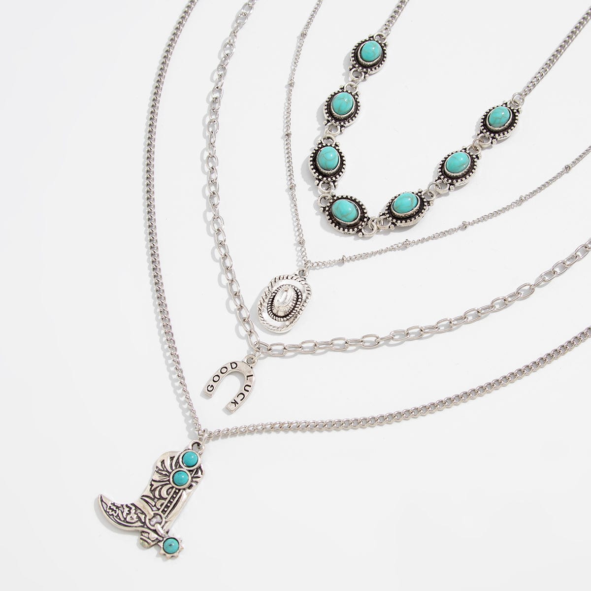 Hippie 4pcs Turquoise Boot Cowboy Hat Lucky Horseshoe Pendant Necklace Set - ArtGalleryZen