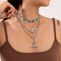 Thumbnail for Hippie 4pcs Turquoise Boot Cowboy Hat Lucky Horseshoe Pendant Necklace Set - ArtGalleryZen