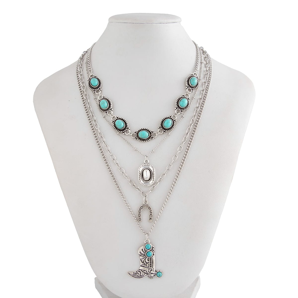Hippie 4pcs Turquoise Boot Cowboy Hat Lucky Horseshoe Pendant Necklace Set - ArtGalleryZen