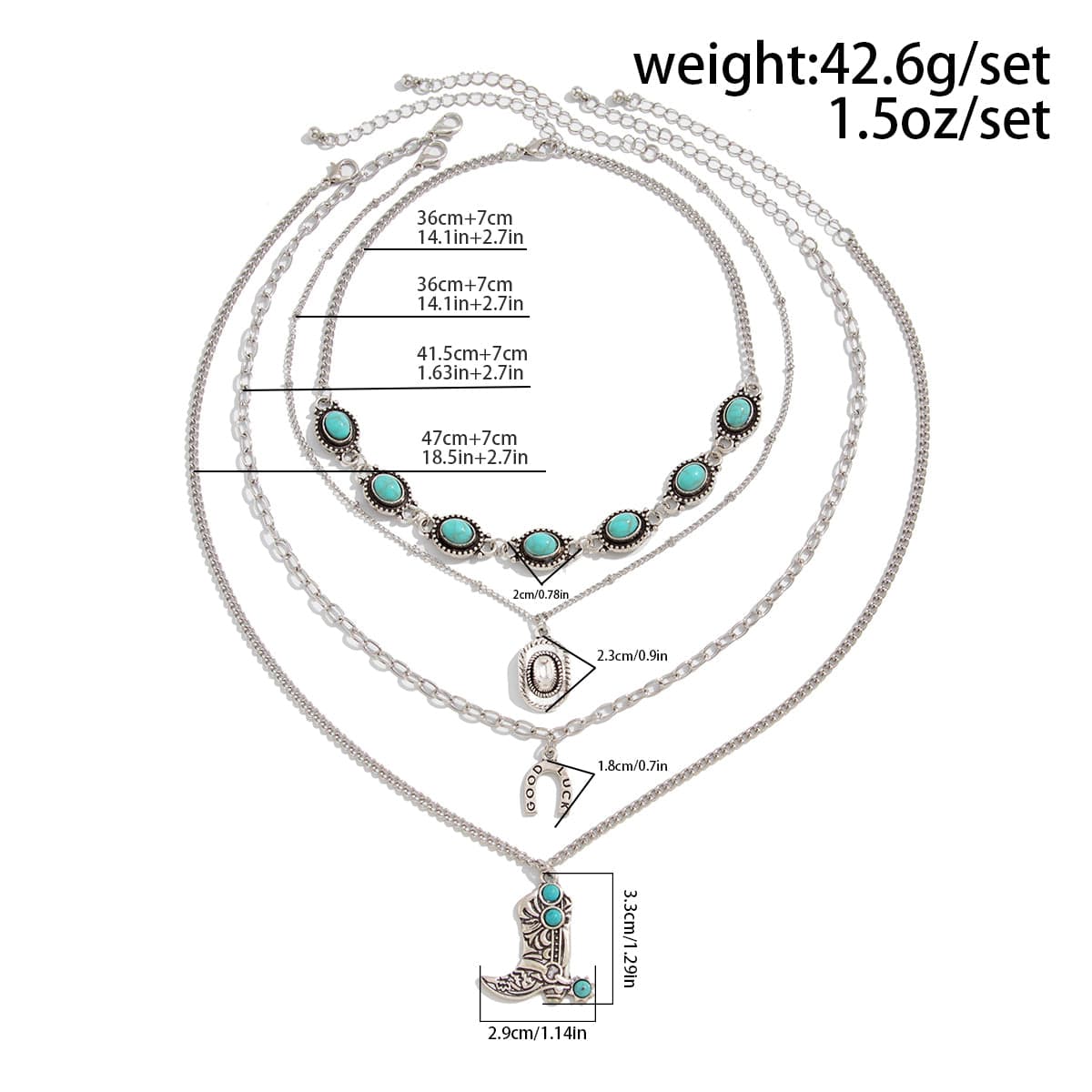 Hippie 4pcs Turquoise Boot Cowboy Hat Lucky Horseshoe Pendant Necklace Set - ArtGalleryZen