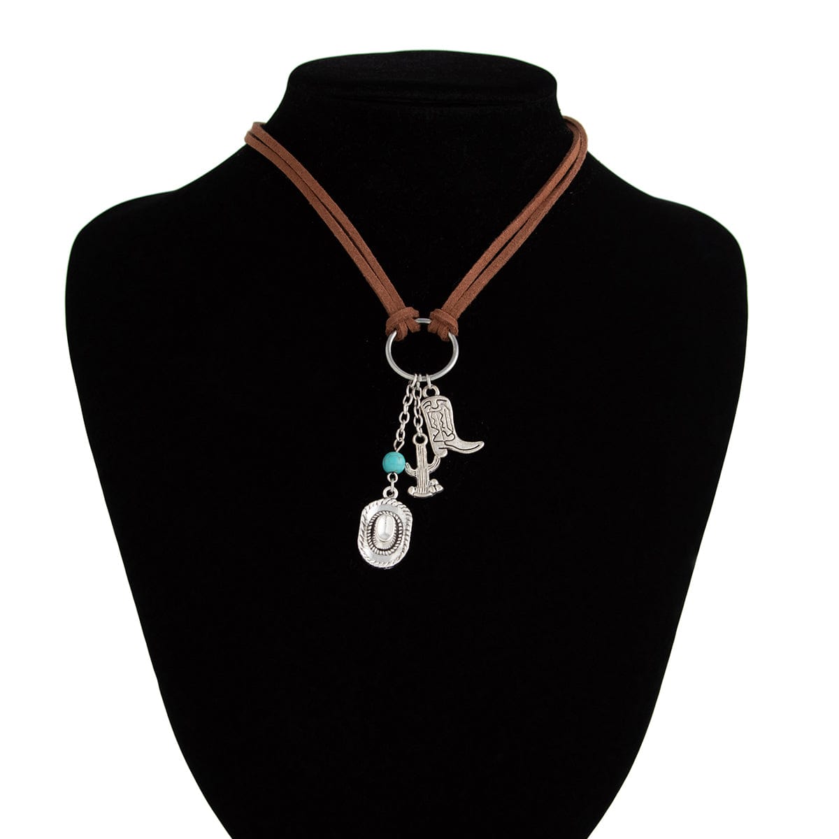 Hippie Cactus Cowboy Hat Boots Pendant Velvet Necklace - ArtGalleryZen