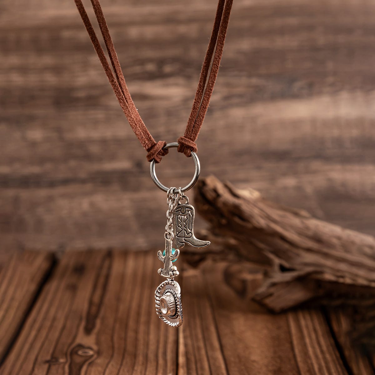 Hippie Cactus Cowboy Hat Boots Pendant Velvet Necklace - ArtGalleryZen