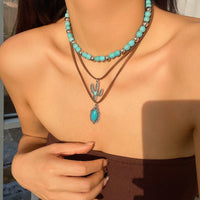 Thumbnail for Hippie Cactus Oval Pendant Turquoise Chain Velvet Necklace Set - ArtGalleryZen