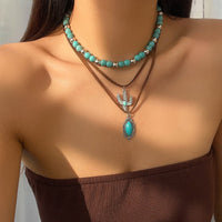 Thumbnail for Hippie Cactus Oval Pendant Turquoise Chain Velvet Necklace Set - ArtGalleryZen