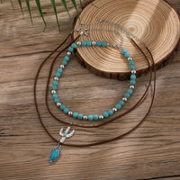 Thumbnail for Hippie Cactus Oval Pendant Turquoise Chain Velvet Necklace Set - ArtGalleryZen