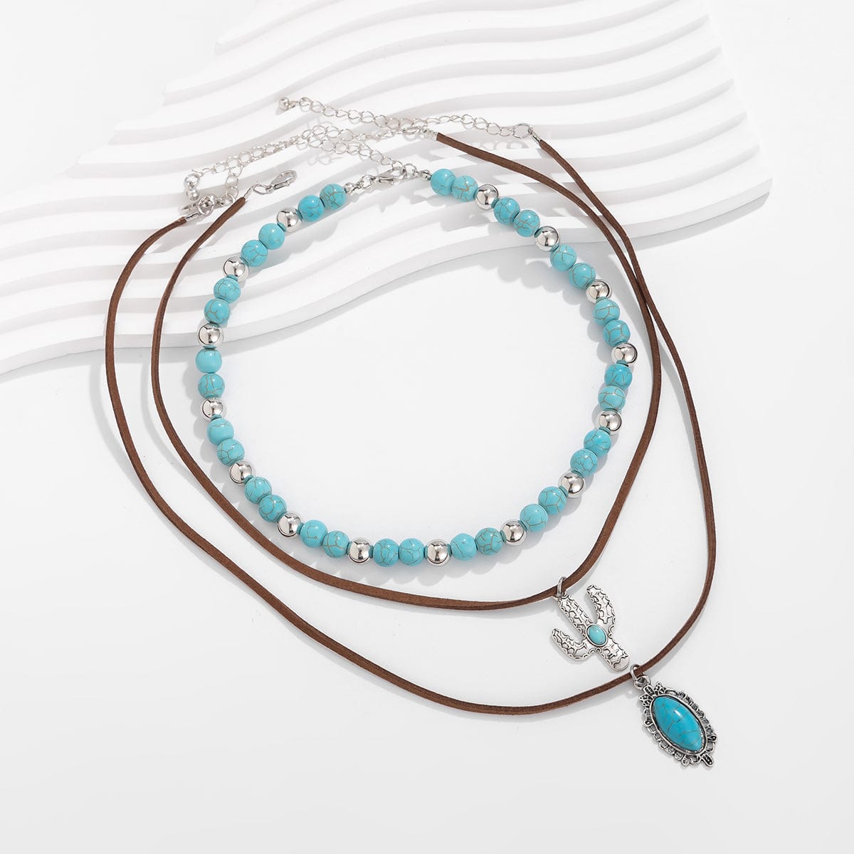 Hippie Cactus Oval Pendant Turquoise Chain Velvet Necklace Set - ArtGalleryZen