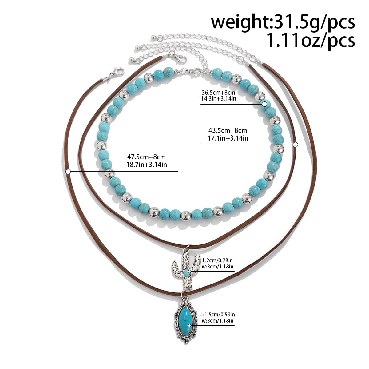 Hippie Cactus Oval Pendant Turquoise Chain Velvet Necklace Set - ArtGalleryZen