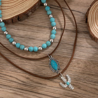 Thumbnail for Hippie Cactus Oval Pendant Turquoise Chain Velvet Necklace Set - ArtGalleryZen