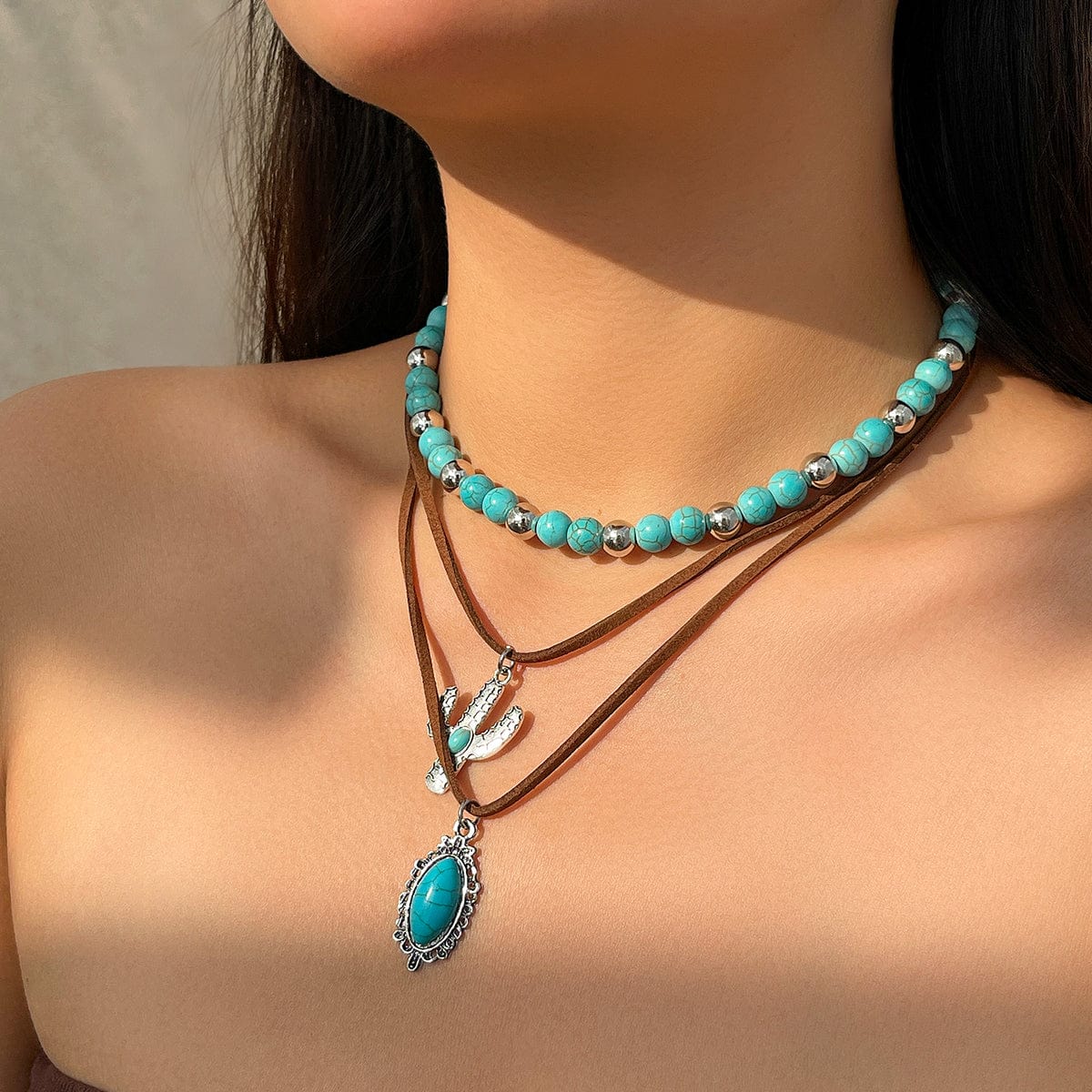 Hippie Cactus Oval Pendant Turquoise Chain Velvet Necklace Set - ArtGalleryZen