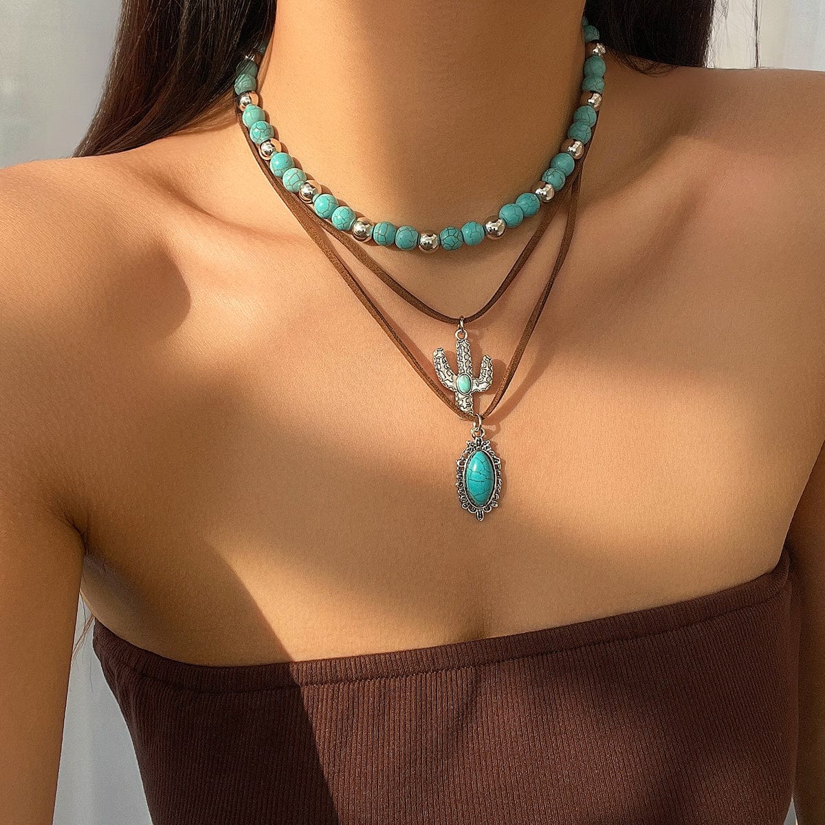 Hippie Cactus Oval Pendant Turquoise Chain Velvet Necklace Set