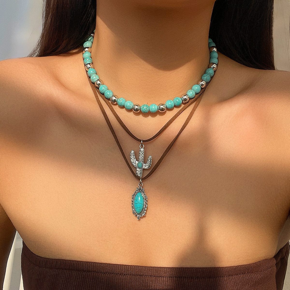 Hippie Cactus Oval Pendant Turquoise Chain Velvet Necklace Set