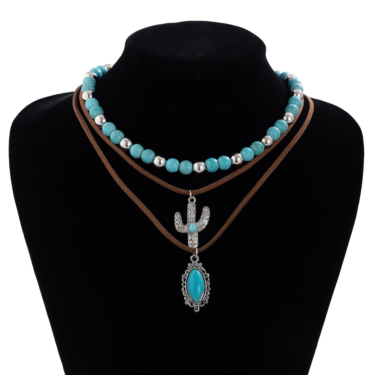 Hippie Cactus Oval Pendant Turquoise Chain Velvet Necklace Set