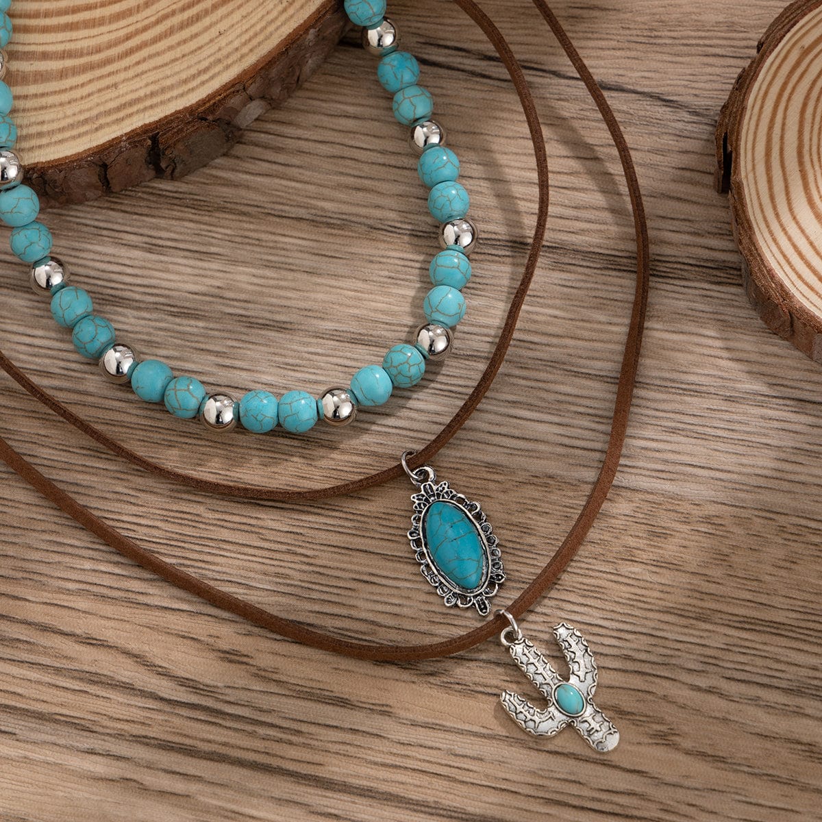 Hippie Cactus Oval Pendant Turquoise Chain Velvet Necklace Set