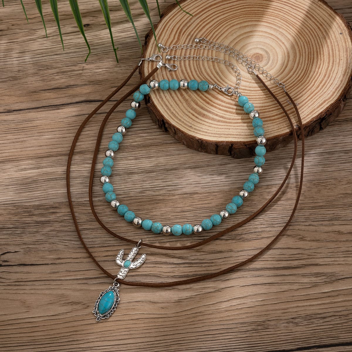 Hippie Cactus Oval Pendant Turquoise Chain Velvet Necklace Set