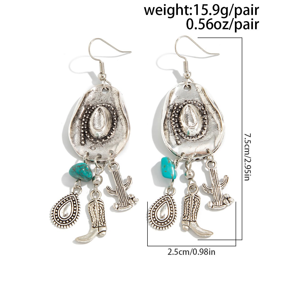 Hippie Cowboy Hat Turquoise Boot Cactus Dangle Earrings - ArtGalleryZen