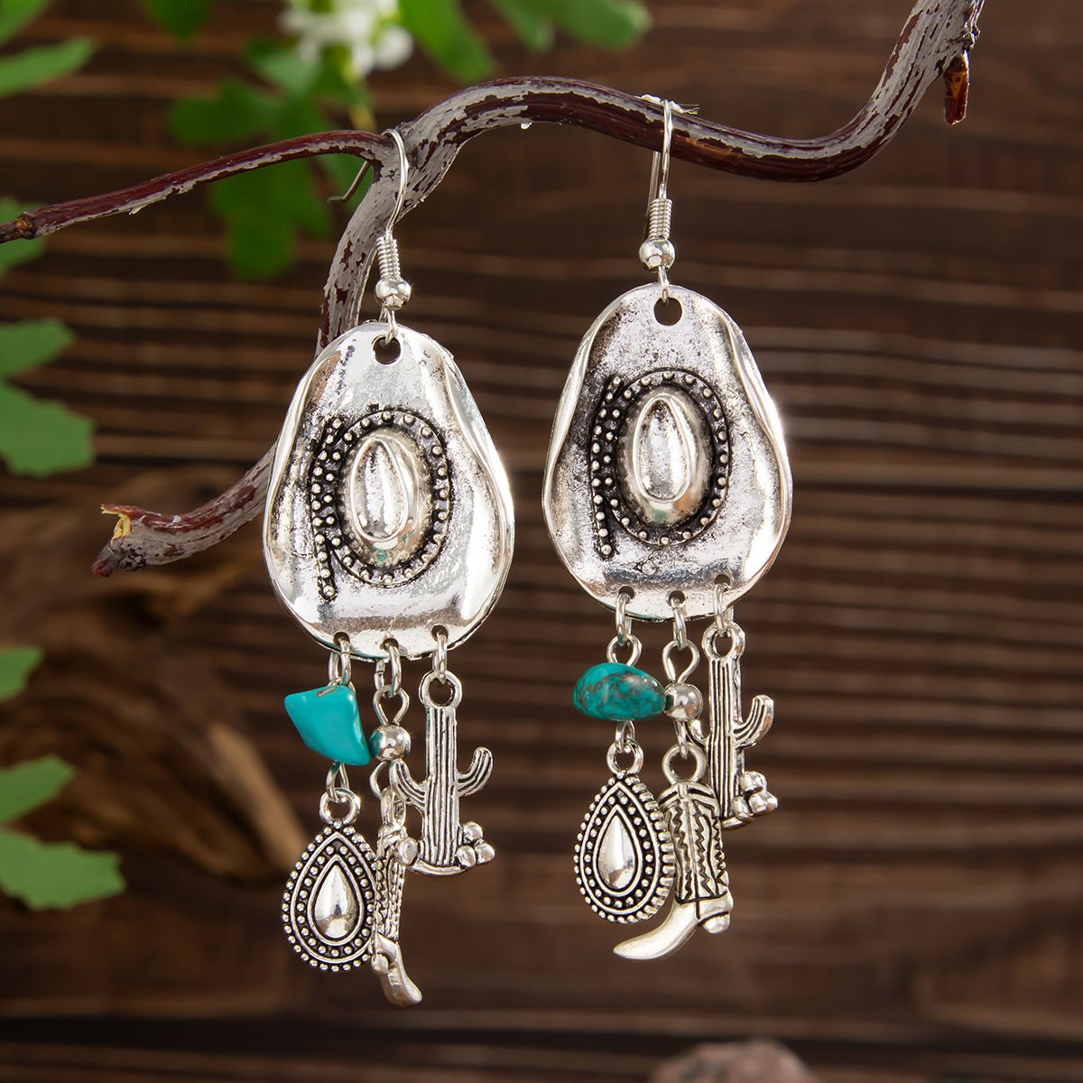 Hippie Cowboy Hat Turquoise Boot Cactus Dangle Earrings - ArtGalleryZen