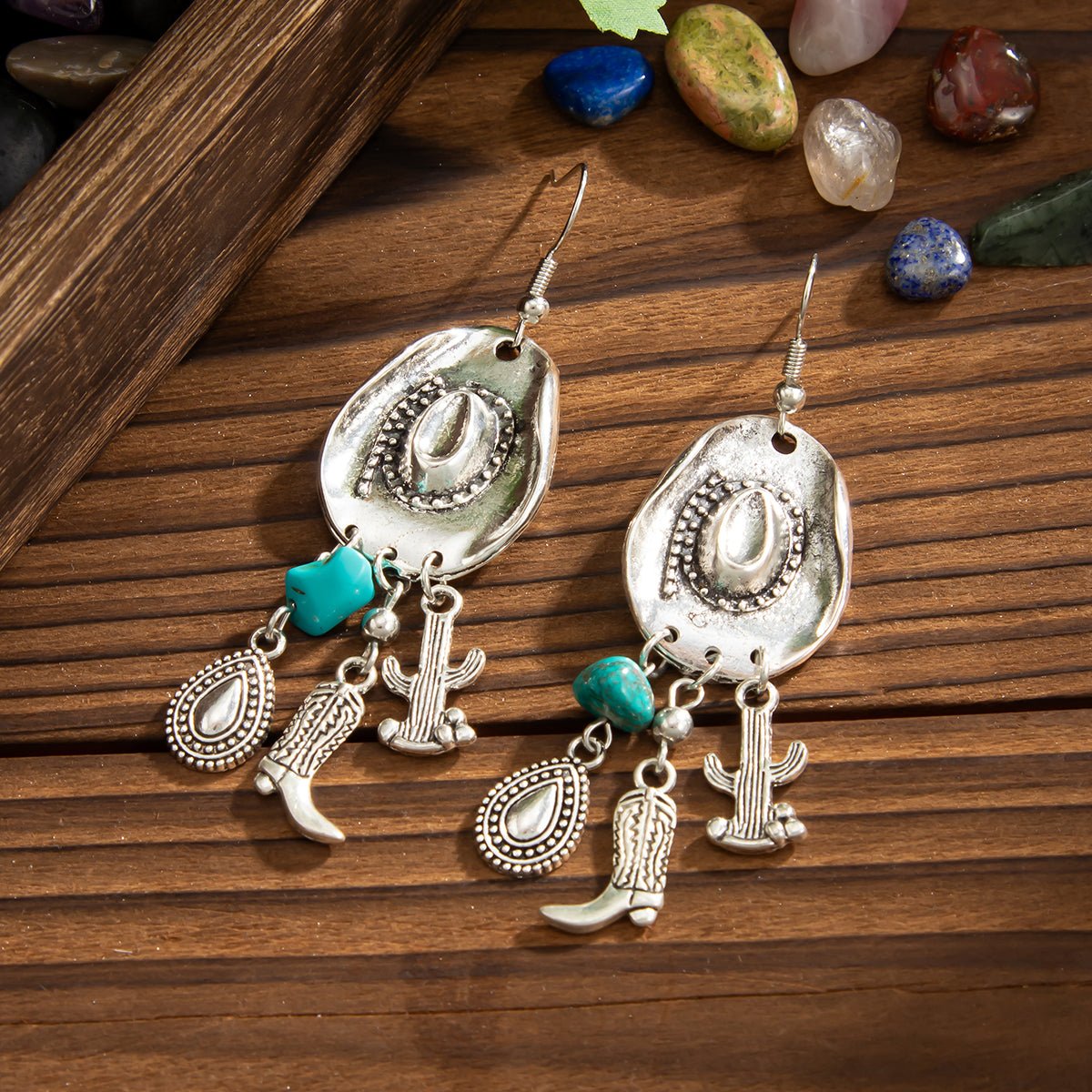 Hippie Cowboy Hat Turquoise Boot Cactus Dangle Earrings - ArtGalleryZen