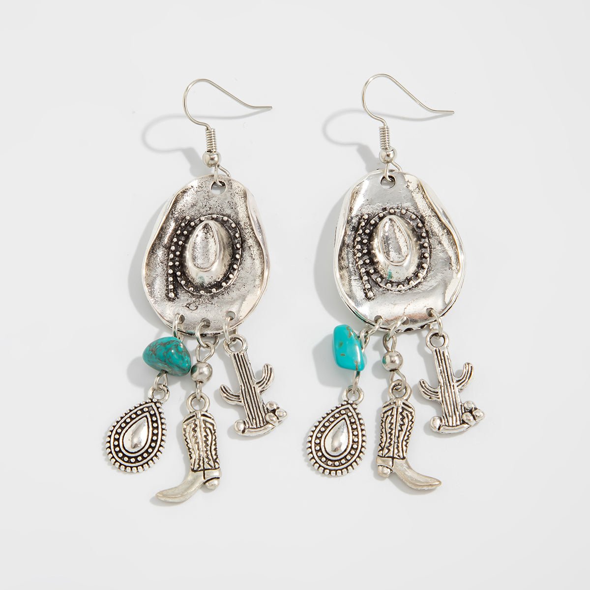Hippie Cowboy Hat Turquoise Boot Cactus Dangle Earrings - ArtGalleryZen