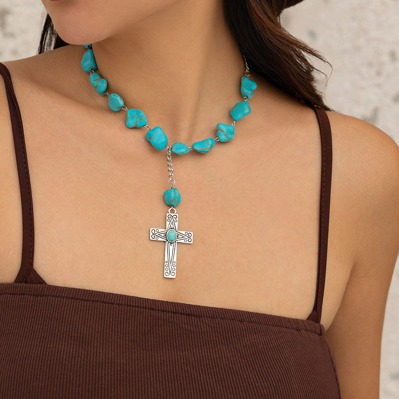 Hippie Cross Pendant Turquoise Chain Necklace