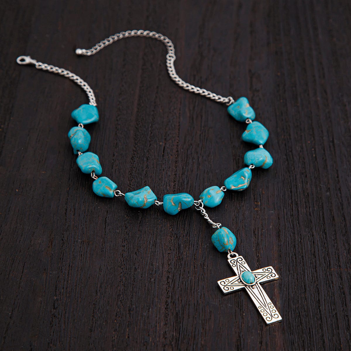 Hippie Cross Pendant Turquoise Chain Necklace